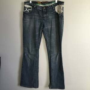 Luxirie designer custom Distressed Bootcut Jeans with Embroidered Pockets 34x32